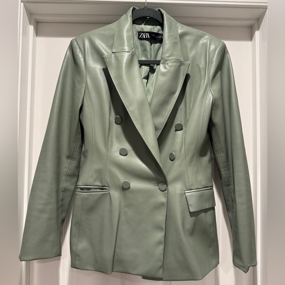 Zara Green Faux Leather Jacket SZ L - Picture 1 of 5